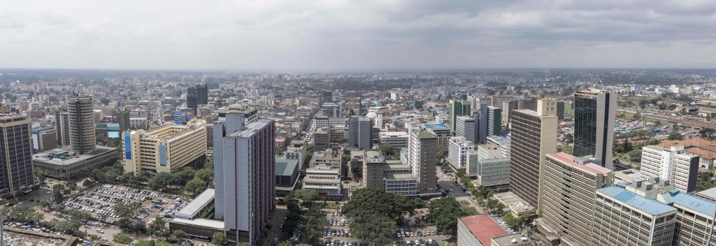 Aerial 180 degree panorama of downtown Nairobi, Kenya and financial district.